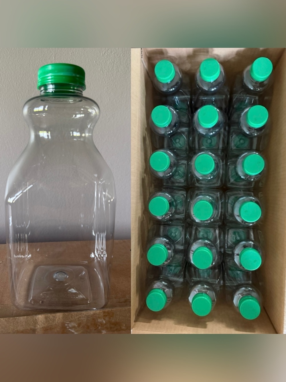 36- Clear Plastic Juice Decanters 59 oz W/Screw On Lid - Qty 36 (1 case) NIB